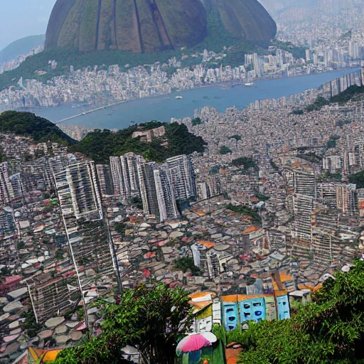 Prompt: view while parachuting down towards the slums of Rio, highly detailed, realistic