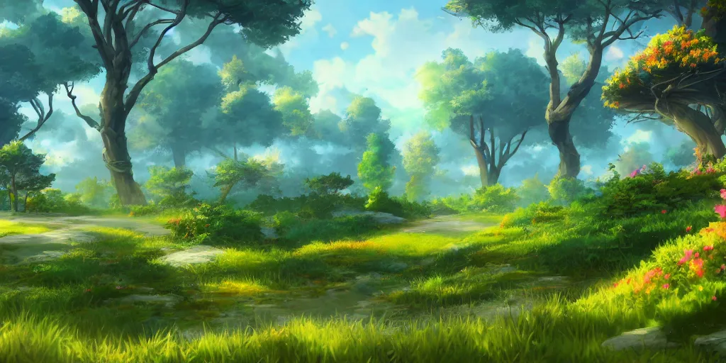 Image similar to beautiful nature environment from genshin impact, game art, in game screenshot, beautiful colors, 8 k, detailed, award winning, popular on artstation, by a famous game concept artist, anime style, nostalgic