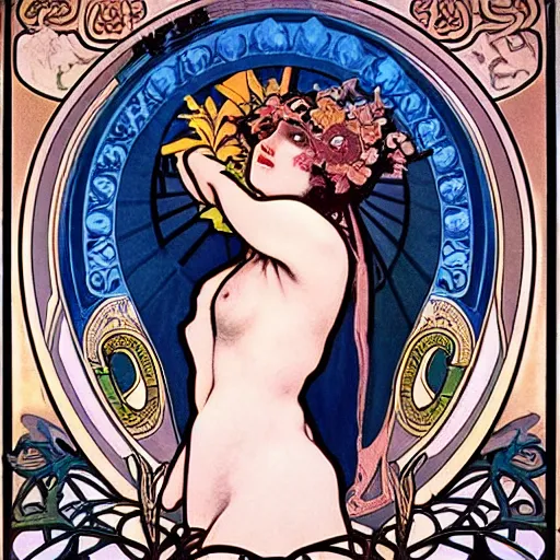 Prompt: persephone as goddess of the underworld, painted by alphonse mucha
