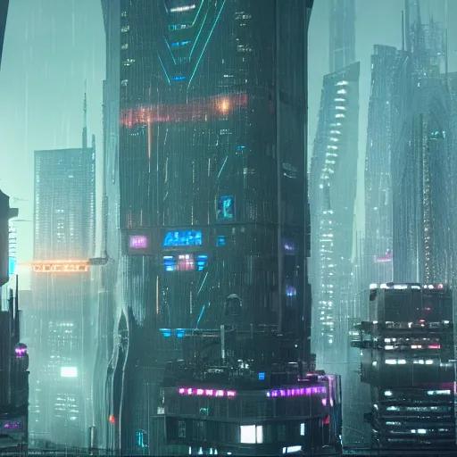 Prompt: « a big cyberpunk city, blade runner, tall skyscraper, sunrise, highly detailed, photorealistic, unreal engine 5, sharp focus, glowing lights, view from the the ground watching the top »