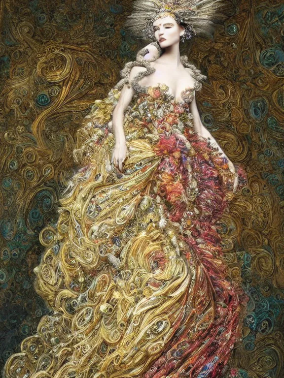Prompt: A detailed digital picture of a beautiful women wear haute couture by John Galliano ,ethereal,maximalism,glittering, by patrick woodroffe,Gustave Doré,Trending on artstation,cgsociety，pinterest,vogue,Ligne Claire, DSLR,vivid color