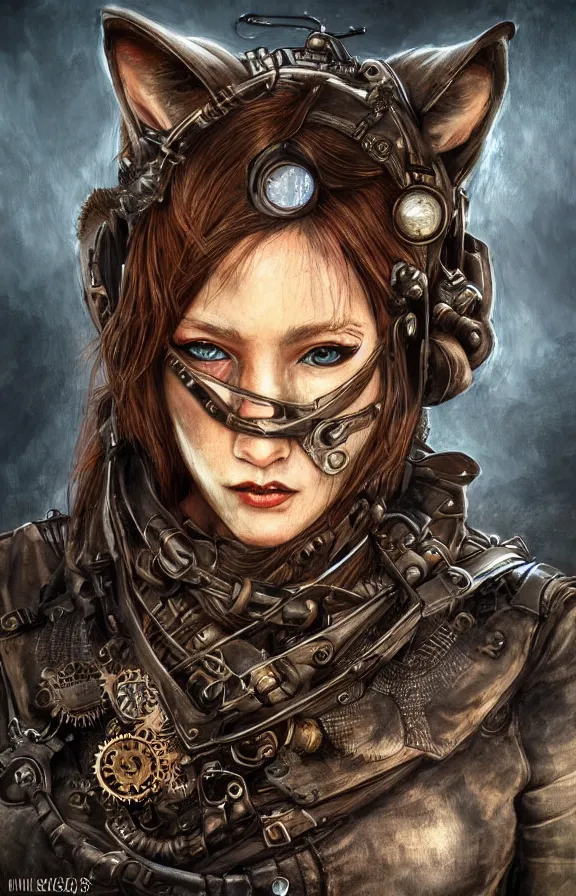 Prompt: realistic detailed portrait of fox warrior, tech warrior, steampunk, post apocalyptic, fantasy art, art nouveau, victorian, neo - gothic, gothic, character concept design