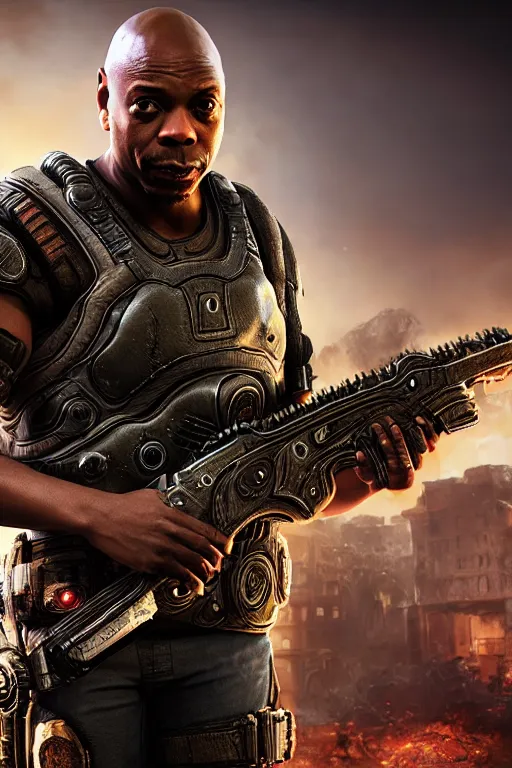 Image similar to Dave Chappelle as a Gears of War character, photorealism, half body, HDR ambient background, unreal engine 5, hyperrealistic, highly detailed, XF IQ4, 150MP, 50mm, F1.4, ISO 200, 1/160s, cinematic lights, Adobe Lightroom, photolab, Affinity Photo, PhotoDirector 365, realistic