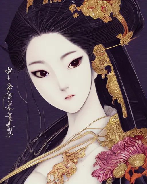 Prompt: portrait of a geisha, baroque style, elegant, beautiful, mesmerizing, concept art, highly detailed, artstation, behance, deviantart, inspired by innocent manga, inspired by castlevania concept art, trending, ayami kojima, shinichi sakamoto