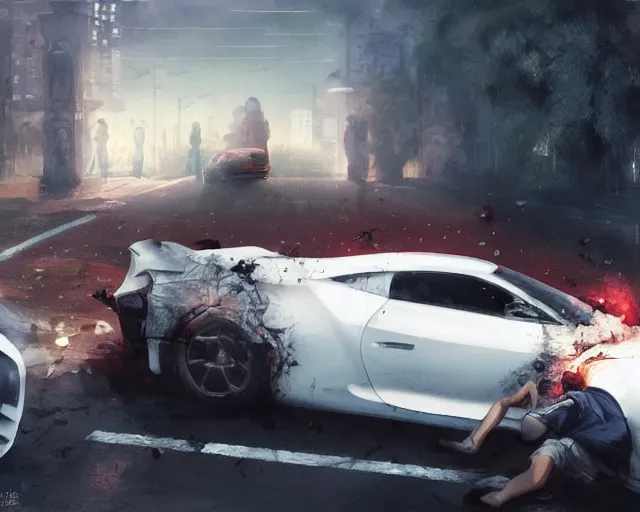 Image similar to a 50 year old brunnette chinese man with puffy cheeks lying with closed eyes on the ground next to a white super car crash, horror scene, dramatic, anime art, Greg Rutkowski, studio ghibli, dramatic lighting