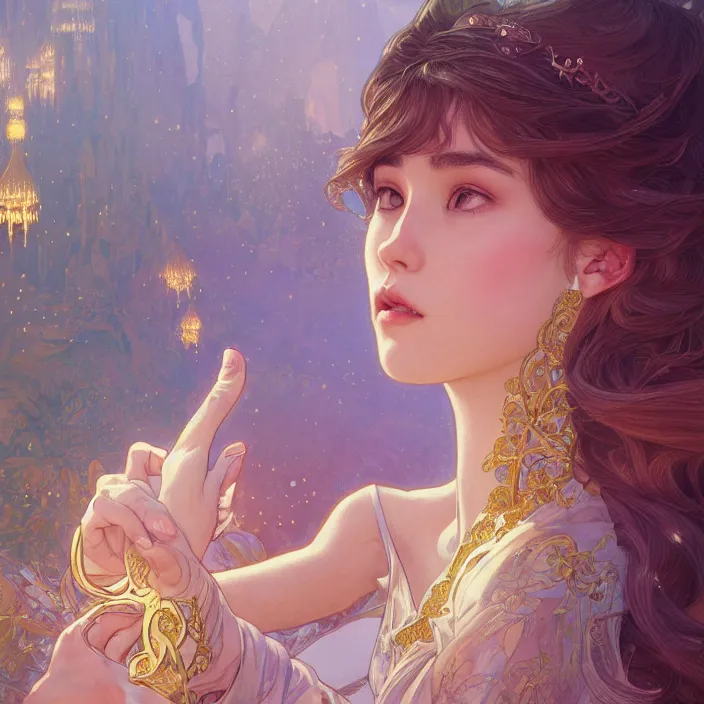 Prompt: iu close up, highly detailed, gold filigree, romantic storybook fantasy, soft cinematic lighting, award, disney concept art watercolor illustration by mandy jurgens and alphonse mucha and alena aenami, pastel color palette, featured on artstation