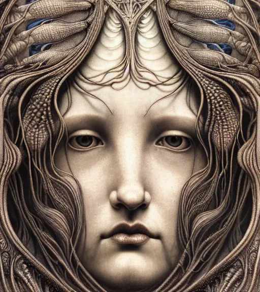 Image similar to detailed realistic beautiful tide goddess face portrait by jean delville, gustave dore, iris van herpen and marco mazzoni, art forms of nature by ernst haeckel, art nouveau, symbolist, visionary, gothic, neo - gothic, pre - raphaelite, fractal lace, intricate alien botanicals, ai biodiversity, surreality, hyperdetailed ultrasharp octane render