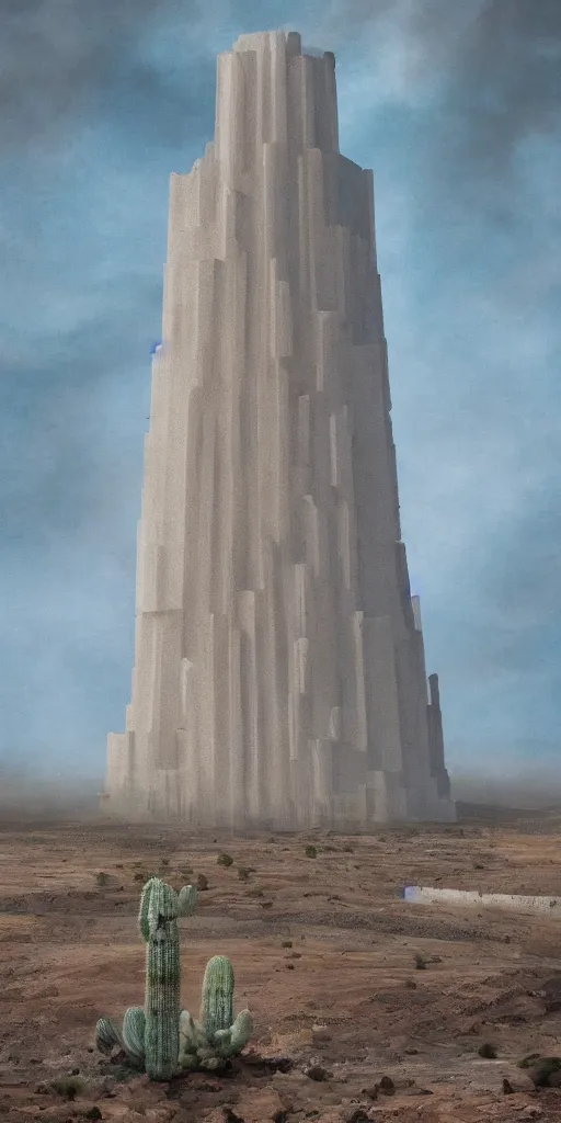 Image similar to urreal theory of a white stepped high tech architecture, ancient epic tower of babylon in the mining tailings in the desert, biroremediation plant, foggy, patchy cactus, oil painting, pale colors, high detail, 8 k, wide angle, trending on artstation, behance