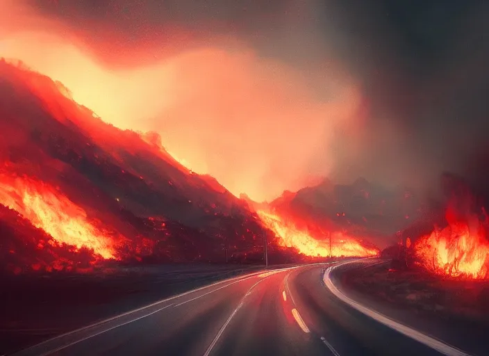 Image similar to beautiful and terrible fires of los angeles, atmoshperic, sharp focus, dark road, ghotic, huge lips, trending on artstation, intricate details