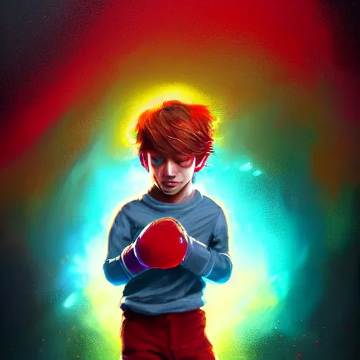 Prompt: colorful and festive captivating young child boy, brown fluffy hair, wearing red and yellow clothes, shooting a yellow energy sphere out of his fist. full body, rich vivid colors, ambient lighting, dynamic lighting, 4 k, atmospheric lighting, painted, intricate, highly detailed by charlie bowater