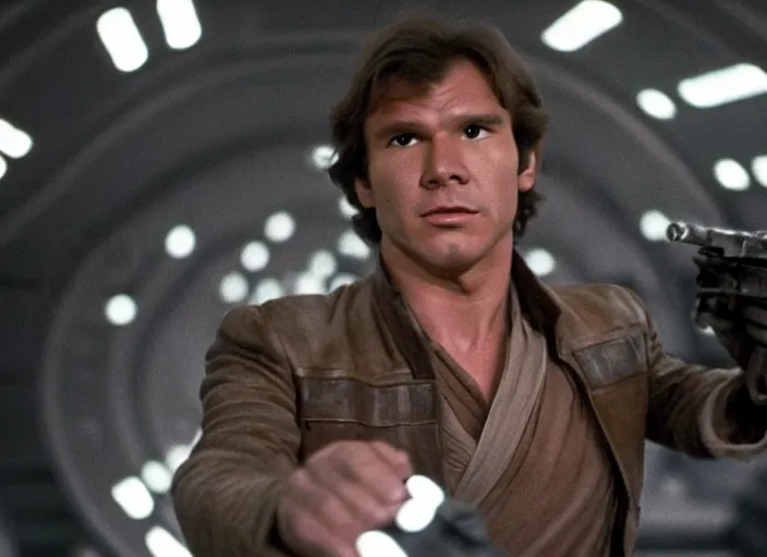 Image similar to screenshot of Han Solo dressed up as an imperial, iconic scene from 1970s spy thriller film directed by Stanley Kubrick, in a sci-fi shipping port, last jedi, 4k HD, cinematic lighting, beautiful portraits of Harrison Ford, moody, stunning cinematography, anamorphic lenses, kodak color film stock