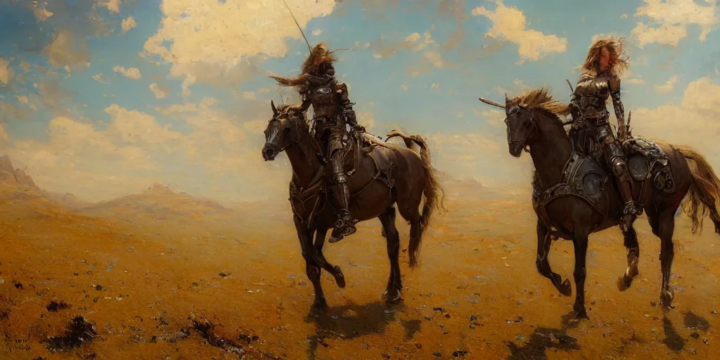 Image similar to full body girl armor and metal horse landscape of meadow by gaston bussiere, anna nikonova aka newmilky, greg rutkowski, yoji shinkawa, yoshitaka amano, tsutomu niehi, donato giancola, geoffroy thoorens, trending on artstation, featured on pixiv, cinematic composition, 8 k