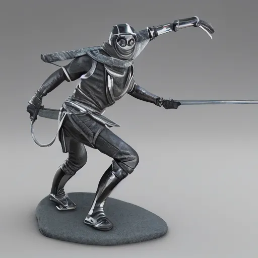 Image similar to 3 d octane rendering of marble and chrome statue of ninja wearing full face mask and hunter hat, technological, octane render