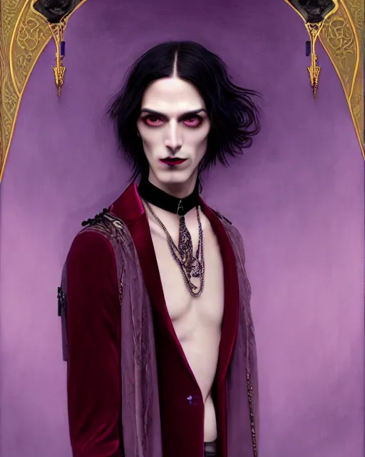 Image similar to a beautiful androgynous man, long hair, tall and thin, vampire, dressed in velvet, wearing several pendants and a choker, illustration, dramatic lighting, soft details, painting oil on canvas, art nouveau, octane render, hdr, 4 k, 8 k, hd, by edmund blair leighton, brom, charlie bowater, faces by otto schmidt