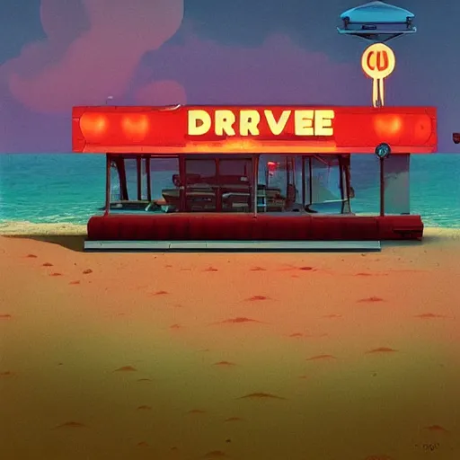 Image similar to drive - in burger restaurant by the beach by simon stalenhag