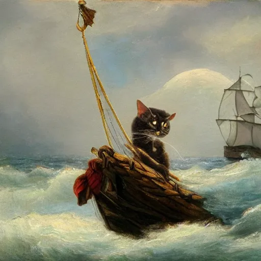 Prompt: a pirate cat sails his ship toward the gathering storm on the horizon, oil on canvas, 1 8 8 3, highly detailed