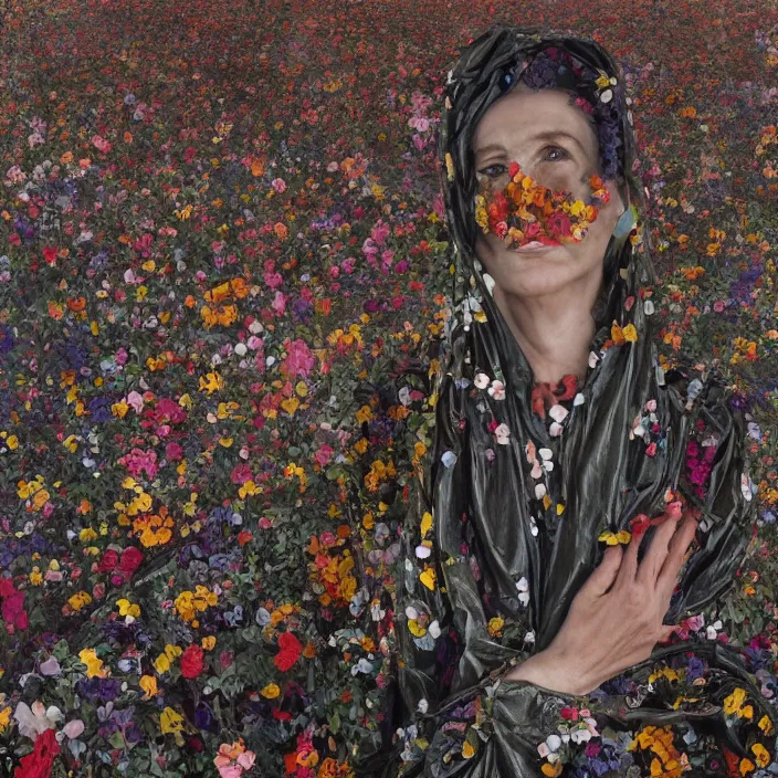 Image similar to a closeup portrait of a woman wearing a cloak made of plastic and mud, in an infinite landscape of flowers, photograph by paula rego, canon eos c 3 0 0, ƒ 1. 8, 3 5 mm, 8 k, medium - format print