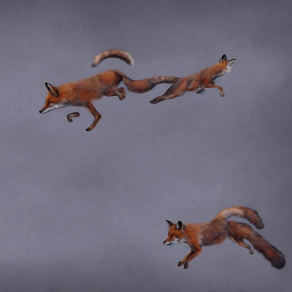 Prompt: fox flying through landscape, concept art, cinematic lighting, artstyle encyclopedia pictura