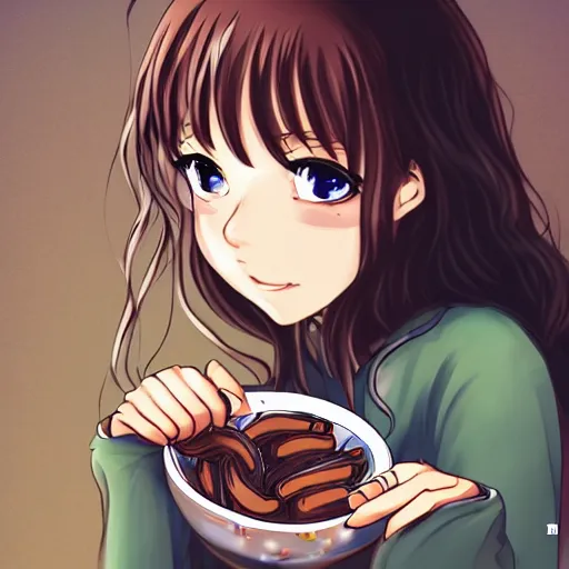 Prompt: a beautiful anime woman eating a bowl of worms, digital art, ghibli, night