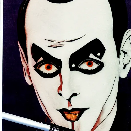 Prompt: a high quality product photo ad of klaus nomi with a technical reed rollerball pen exacto knife by junji ito