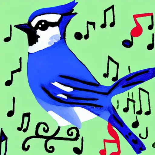 Prompt: painting of a bluejay surrounded by music notes