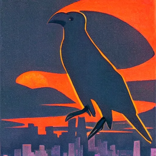 Image similar to “raven in-front of an city under the moon, art deco, 1950’s, glowing highlights, dramatic”