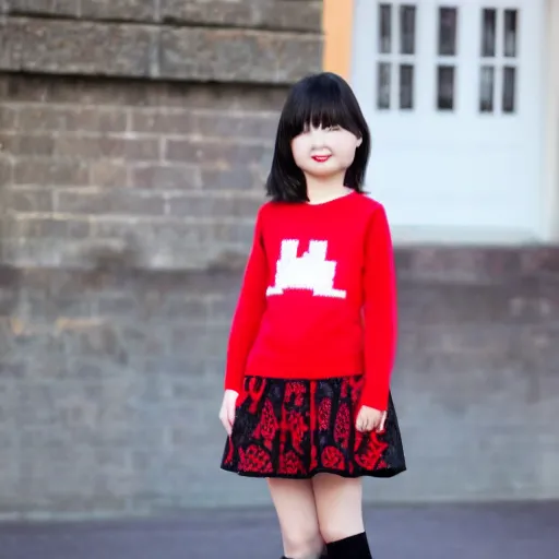 Image similar to of girl wearing red sweater with short black skirt and high heal shoes