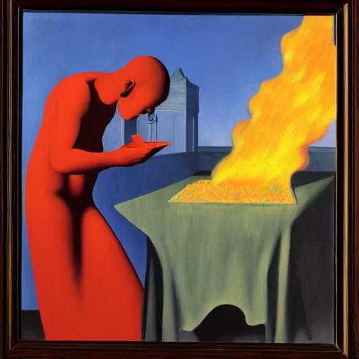 Image similar to devil boss in hell, oil painting by rene magritte and edward hopper