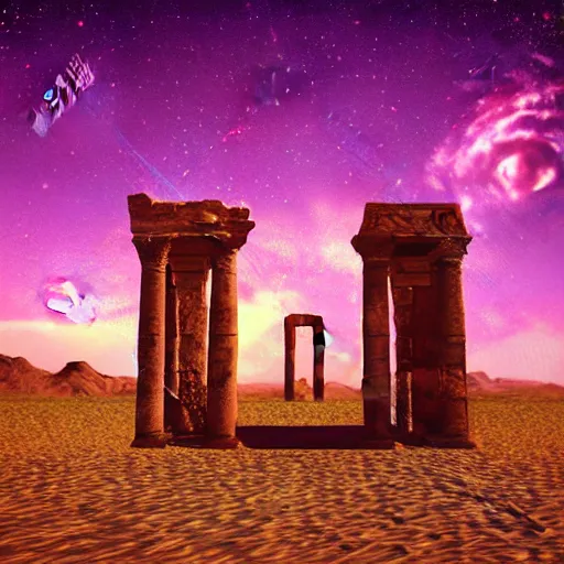 Image similar to Ancient ruins in the desert,retrowave, epic dramatic digital art,trending