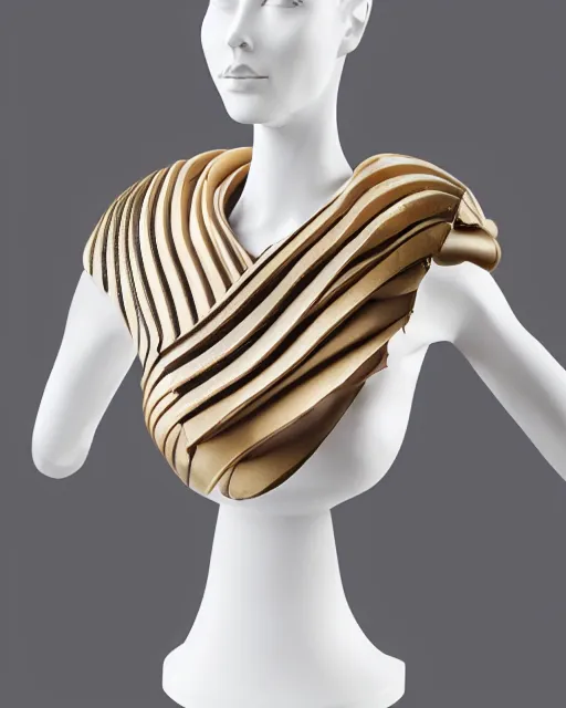 Image similar to ball shaped accordion sleeve haute couture, striking pose, dynamic folds, volume flutter, youthful, modeled by designer bust sculpture, award fashion, expert composition, professional retouch