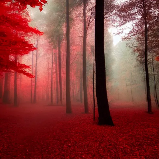 Prompt: a red energy flowing through a forest turning everything it touches into red, cinematic, real, 4k, art station, render, moody, red, glow