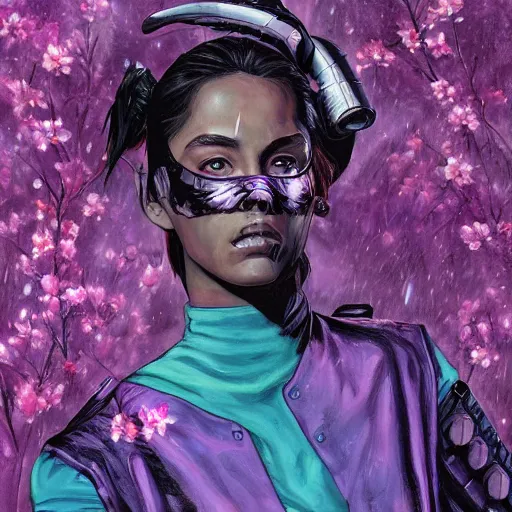 Image similar to an epic fantastic realism comic book style portrait painting of a purple - eyed girl, cherry blossom rain everywhere, apex legends,