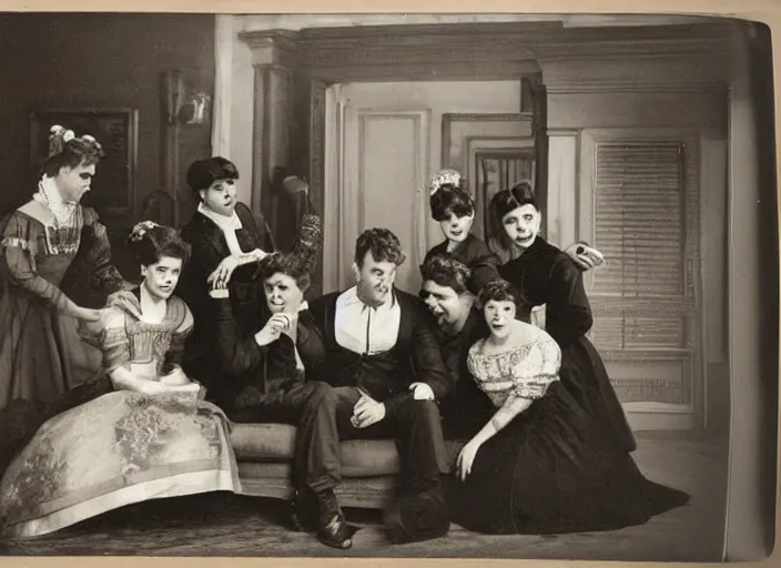 Image similar to a daguerrotype of a film still of friends sitcom in 1 8 0 0 s, vintage