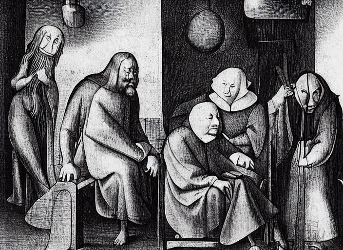 Image similar to judge wearing a bench wig is making a haircut to another judge with a bench wig, by hieronymus bosch