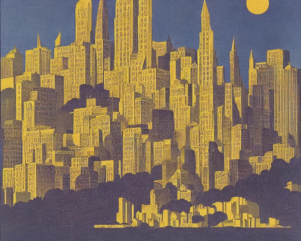 Prompt: resplendent, gilded art deco print of Washington, DC by Hasui Kawase and Lyonel Feininger