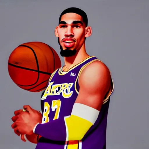 Image similar to jayson tatum in los angeles lakers jersey, holding the larry o'brien trophy, portrait by william sidney mount, oil on canvas, trending on artstation, hyper realistic