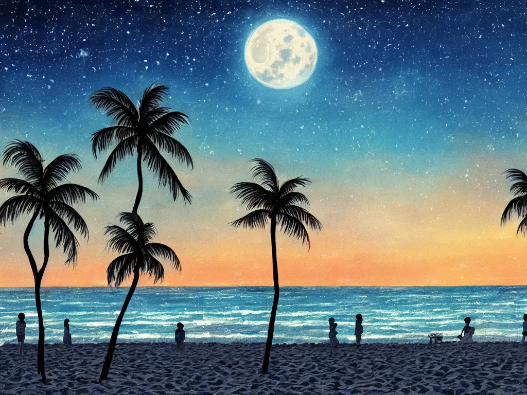 Image similar to night on a summer miami city beach, you can see part of the city, palm trees, footprints in the sand, full moon reflected in the calm ocean, starry sky 8 k, ultra detailed, trending on artstation, digital painting