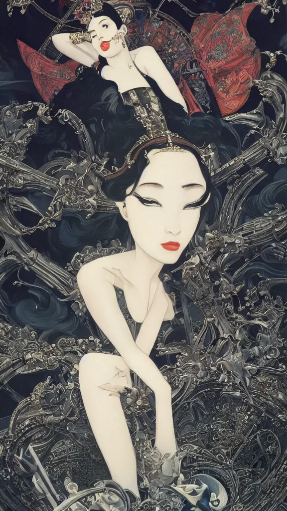 Image similar to a beautiful black haired woman with pale skin and a crown on her head sitted on an intricate metal throne new york circa 1 9 8 4 edward hopper and james gilleard, surreal, open ceiling, highly detailed, airbrush, ilya kuvshinov, wlop, stanley artgerm, very coherent, art by takato yamamoto and james jean