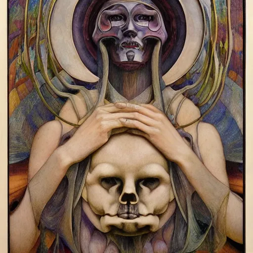 Prompt: weeping robot wearing the bone crown, by Annie Swynnerton and Diego Rivera and Evelyn De Morgan, symbolist, dramatic lighting, elaborate geometric ornament, Jugendstil ,god rays, soft cool colors,smooth, sharp focus, extremely detailed, Adolf Wölfli