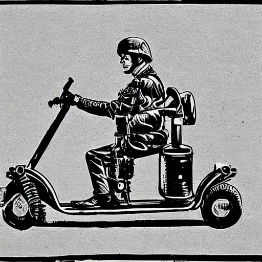 Image similar to military diagram of a mobility scooter with a mounted machine gun