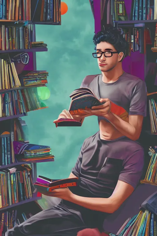 Image similar to digital painting of a magic nerdy guy reading a book in a cluttered messy bedroom, vaporwave, vaporwave colors, perfect face, detailed face, symmetrical face, fantasy, scifi, sci fi,