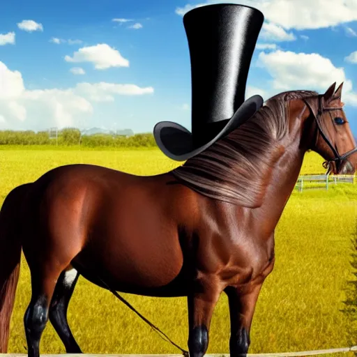 Prompt: photo of a horse with a tophat, realistic, detailed, 8 k