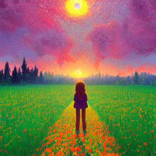 Prompt: girl of flowers, standing in a flower field, big trees, sunrise dramatic light, impressionist painting, colorful clouds, digital painting, pointillism, artstation, simon stalenhag