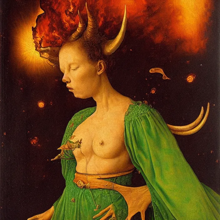 Image similar to a closeup portrait of a horned woman, opening her chest, casting green into a flame, in a heart nebula, heart nebula, golden hour, by jan van eyck