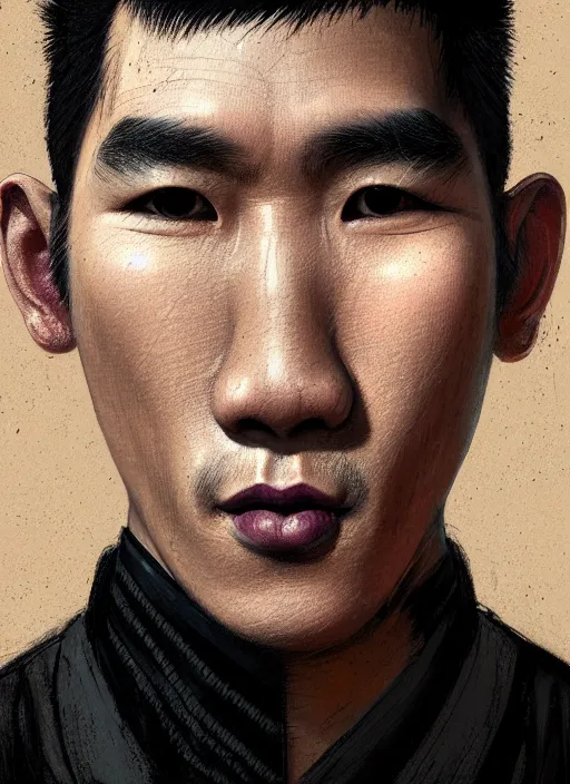 Prompt: portrait of a thai man with a crooked nose and a confident expression, 1 9 6 0 s, black clothes, goth, punk, brightly coloured hair, funk, intricate, elegant, highly detailed, digital painting, artstation, concept art, smooth, sharp focus, illustration, art by wlop, mars ravelo and greg rutkowski