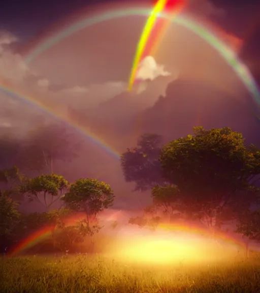 Image similar to celestial crosshairs across the land and sky, majestic light, octane render, beauty fog, ethereal glare of the sun, raining rainbow, volumetric lighting, hyperealistic, epic, masterpiece