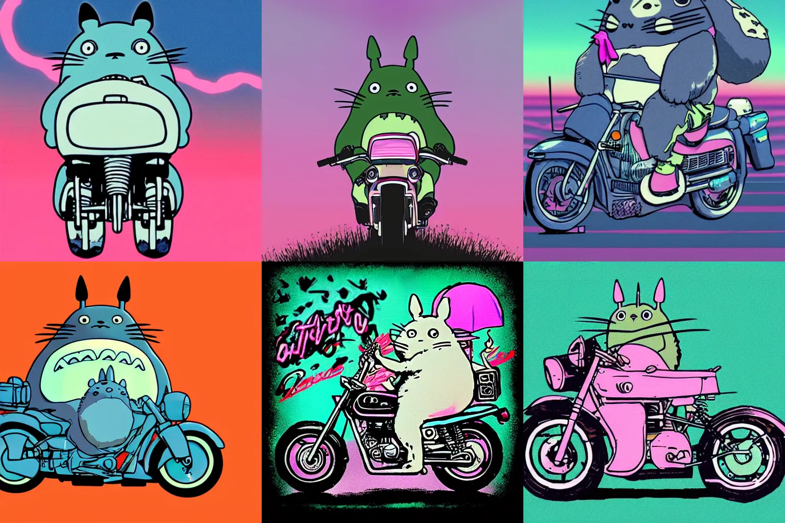 Prompt: totoro riding a motorbike on a synthwave background
