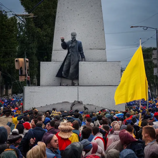 Image similar to a crowd of people with ukrainian flags destroy a statue of vladimir lenin, leica sl 2 5 0 mm, vivid color, high quality, high textured, real life