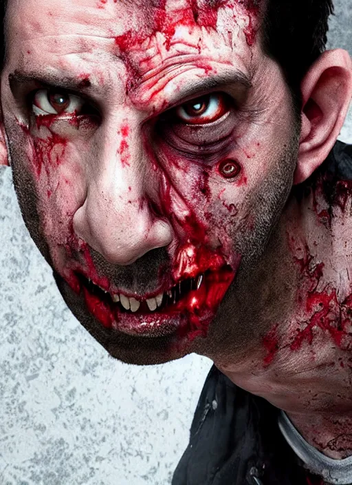 Image similar to david schwimmer becomes an angry zombie, face enhance, realistic, shaun of the dead, izombie, ultra detailed, octane render, lovecraftian, horror, dead space, the walking dead