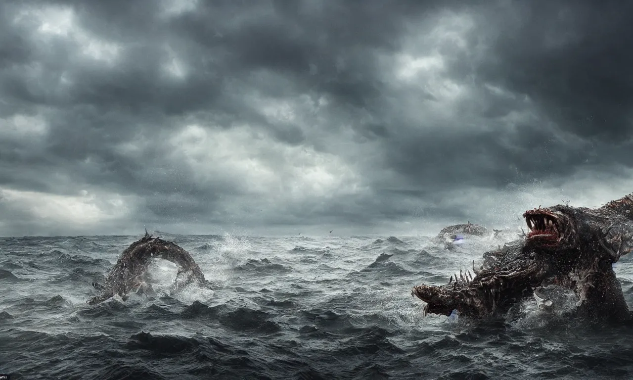 Image similar to a gigantic monster that looks like a mixture of monkfish with crocodile limbs, wet and slimy with a very large mouth, is coming out of the sea dragging its enormous weight with effort on a beach, there are people fleeing in terror, photo-realistic, stormy sky, photo by national geographical